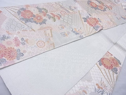 平和屋着物◎佐賀錦 六通柄袋帯 几帳扇面花文 金銀糸 逸品 BAAJ6712cm