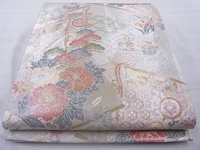 平和屋着物◎佐賀錦 六通柄袋帯 几帳扇面花文 金銀糸 逸品 BAAJ6712cm