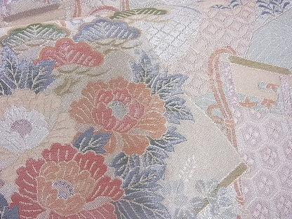 平和屋着物◎佐賀錦 六通柄袋帯 几帳扇面花文 金銀糸 逸品 BAAJ6712cm