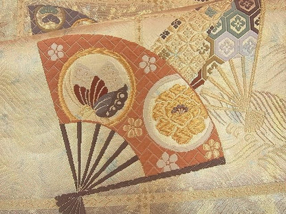 平和屋着物◎佐賀錦 六通柄袋帯 遊彩唐織 扇面散らし 金糸 引箔 逸品 BAAJ6754cm