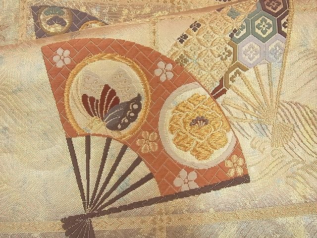 平和屋着物◎佐賀錦 六通柄袋帯 遊彩唐織 扇面散らし 金糸 引箔 逸品 BAAJ6754cm