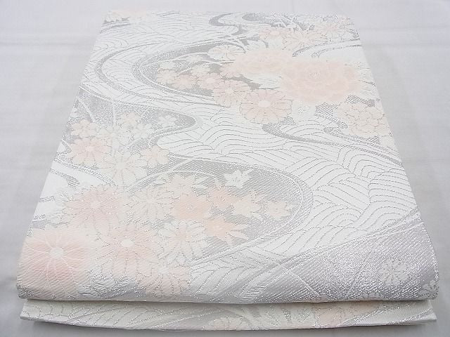 平和屋着物◎六通柄袋帯 唐織 流水秋草文 銀糸 BAAJ6744cm