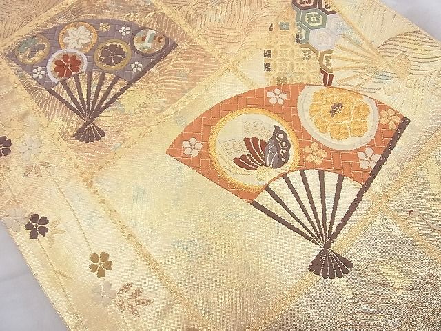 平和屋着物◎佐賀錦 六通柄袋帯 遊彩唐織 扇面散らし 金糸 引箔