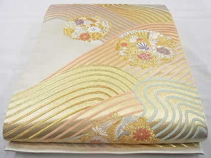 平和屋着物◎六通柄袋帯 唐織 立波花丸文 金銀糸 逸品 BAAJ6752cm