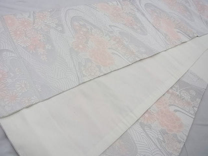 平和屋着物◎六通柄袋帯 唐織 流水秋草文 銀糸 BAAJ6744cm