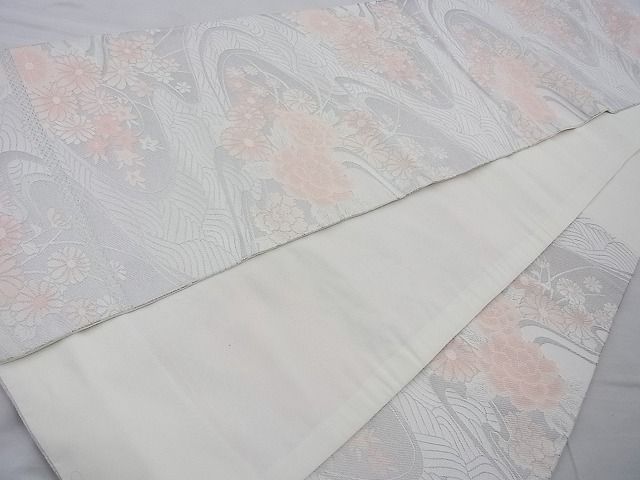平和屋着物◎六通柄袋帯 唐織 流水秋草文 銀糸 BAAJ6744cm