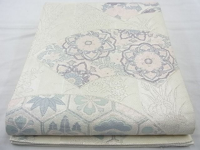 平和屋着物◎佐賀錦 六通柄袋帯 有職地紙散らし 銀糸 逸品 BAAJ6831cm