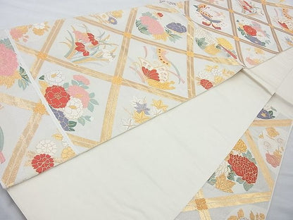 平和屋着物◎六通柄袋帯 唐織 菱天上花蝶丸文 金銀糸 逸品 BAAJ6819cm