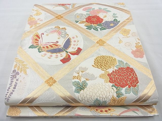 平和屋着物◎六通柄袋帯 唐織 菱天上花蝶丸文 金銀糸 逸品 BAAJ6819cm