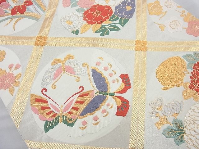平和屋着物◎六通柄袋帯 唐織 菱天上花蝶丸文 金銀糸 逸品 BAAJ6819cm