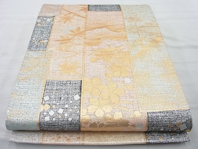 平和屋着物◎六通柄袋帯 短冊琳派草花文 金銀糸 逸品 BAAJ6836cm