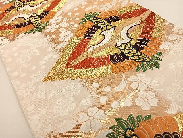 平和屋着物◎六通柄袋帯 唐織 双鶴菱花文 市松石向鶴文 金糸 正絹 逸品 AAAG6293Bwt