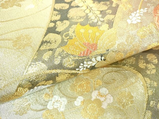 袋帯　唐織　地紋　金糸　花　蝶　着物　帯　007k 袋帯 唐織 地紋 金糸 花 蝶 着物 帯 007k