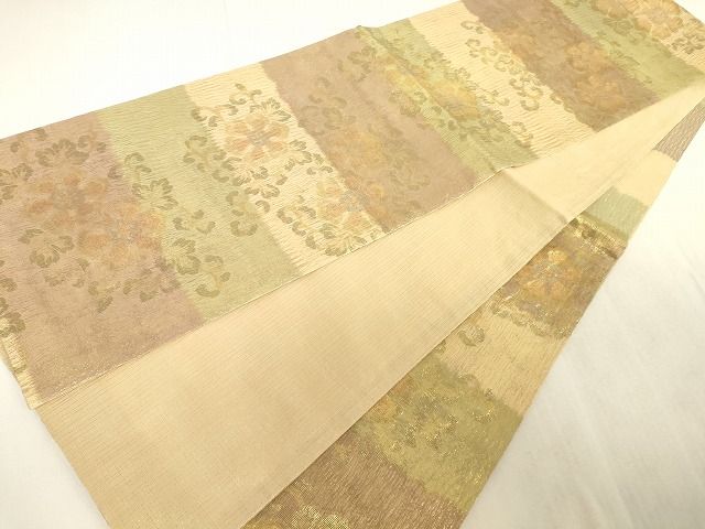 平和屋着物◎六通柄袋帯 櫛織り 横段花唐草文 金糸 正絹 逸品 AAAK3334Aru
