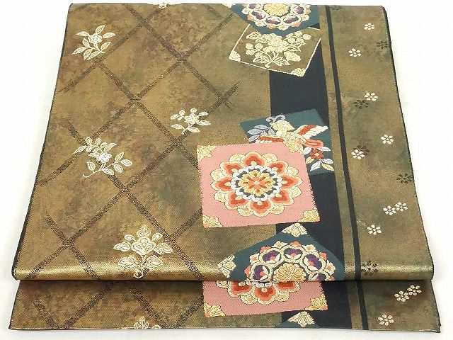 平和屋着物◎六通柄袋帯 色紙重ね花鳥文 金糸 引箔 正絹 逸品 AAAK3345Aru