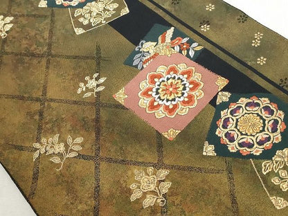 平和屋着物◎六通柄袋帯 色紙重ね花鳥文 金糸 引箔 正絹 逸品 AAAK3345Aru
