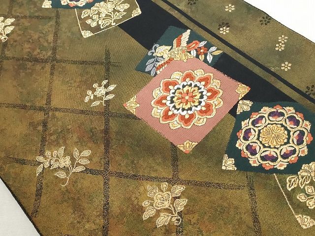 平和屋着物◎六通柄袋帯 色紙重ね花鳥文 金糸 引箔 正絹 逸品 AAAK3345Aru