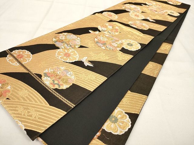 平和屋着物◎六通柄袋帯 正倉院花蝶文 黒地 金糸