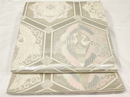 平和屋着物◎六通柄袋帯 唐織 正倉院向い鶴花文 銀糸 正絹 逸品 AAAK4379Aex
