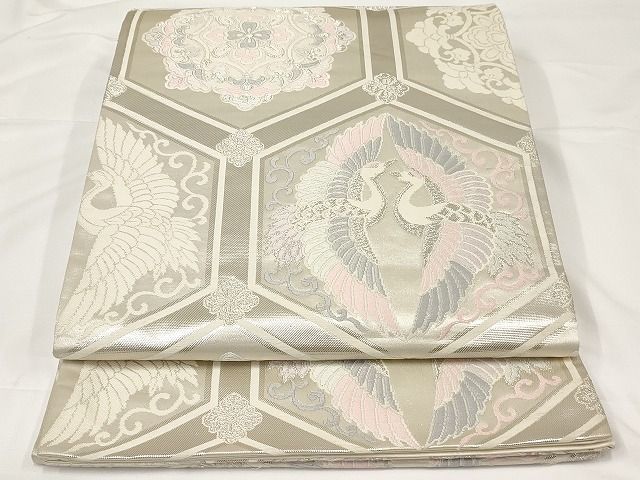 平和屋着物◎六通柄袋帯 唐織 正倉院向い鶴花文 銀糸 正絹 逸品 AAAK4379Aex