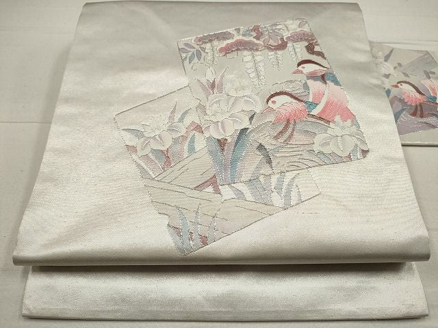 平和屋着物◎九寸名古屋帯 駒刺繍 色紙重ね鴛鴦花文 銀糸 逸品 DAAH9173mz