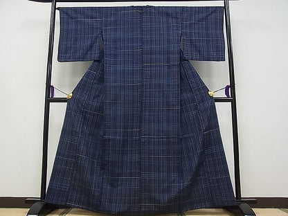 平和屋本店▽極上　日本橋人形町　創業70年　錦や　郡上紬　草木染　単衣　格子柄　たとう紙付き　逸品　CYAA0246s4