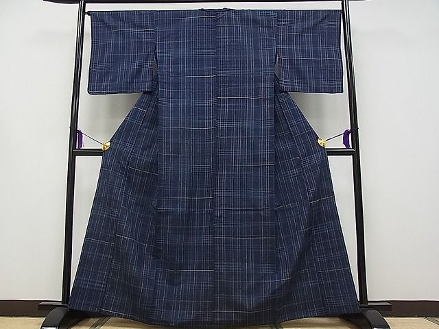 平和屋本店▽極上　日本橋人形町　創業70年　錦や　郡上紬　草木染　単衣　格子柄　たとう紙付き　逸品　CYAA0246s4