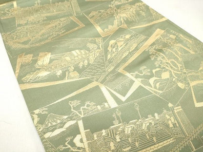 平和屋着物◎六通柄袋帯 色紙重ね人物風景文 金糸 逸品 CAAF5937oy