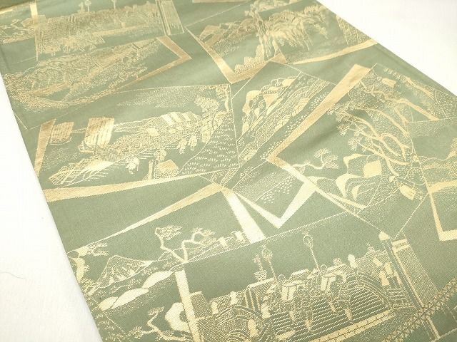 平和屋着物◎六通柄袋帯 色紙重ね人物風景文 金糸 逸品 CAAF5937oy