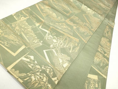 平和屋着物◎六通柄袋帯 色紙重ね人物風景文 金糸 逸品 CAAF5937oy