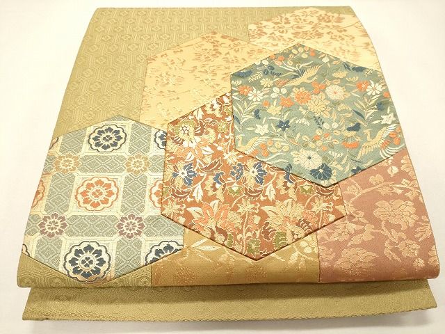 平和屋着物◎太鼓柄袋帯 切嵌 亀甲草花文 金糸 逸品 CAAF5980oy