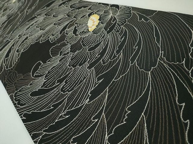 平和屋本店●極上 本場筑前博多織 六通柄袋帯 牡丹 黒地 金糸 逸品 DZAA2081kh4