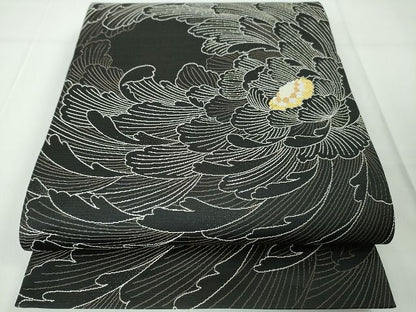 平和屋本店●極上 本場筑前博多織 六通柄袋帯 牡丹 黒地 金糸 逸品 DZAA2081kh4