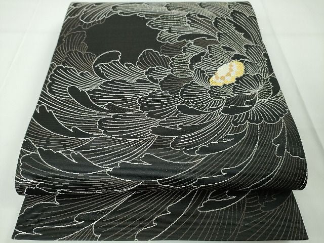 平和屋本店●極上 本場筑前博多織 六通柄袋帯 牡丹 黒地 金糸 逸品 DZAA2081kh4