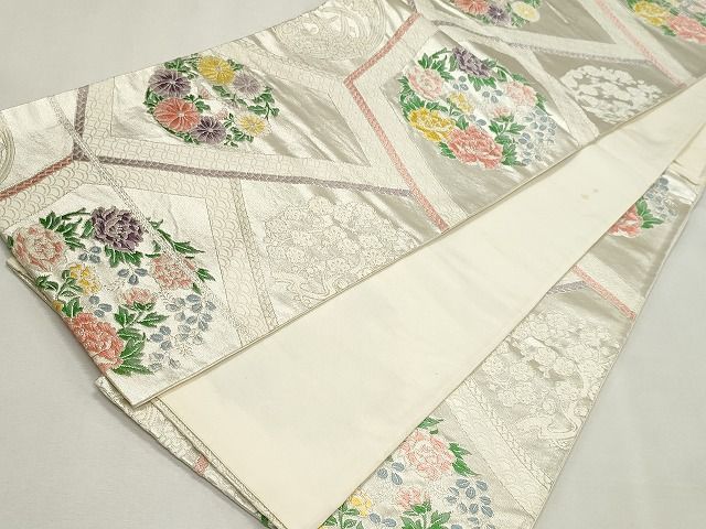 平和屋着物◎六通柄袋帯 唐織 切嵌花丸文 銀糸 逸品 CAAG6528ou