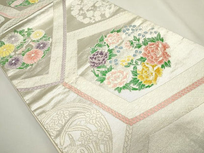 平和屋着物◎六通柄袋帯 唐織 切嵌花丸文 銀糸 逸品 CAAG6528ou
