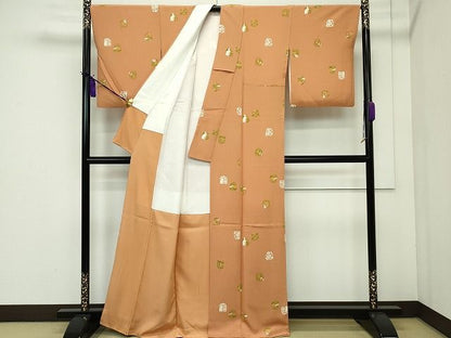 平和屋本店●極上　銀座　志ま亀　小紋　兎　草花文　赤朽葉色地　たとう紙付き　逸品　CZAA0957s4