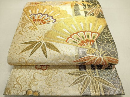 平和屋着物◎佐賀錦 六通柄袋帯 扇面笹花文 金銀糸 逸品 DAAI2539ox