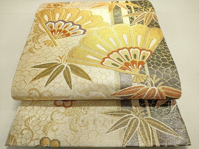 平和屋着物◎佐賀錦 六通柄袋帯 扇面笹花文 金銀糸 逸品 DAAI2539ox