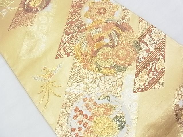 金唐革 袋帯 鳥 唐花 金彩 銀彩 六通 平和屋着物◎六通柄袋帯 唐織 紗綾形丸鳥文 金糸 逸品