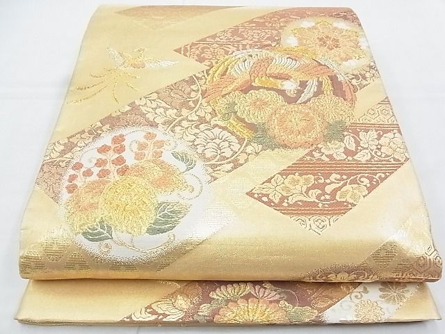 金唐革 袋帯 鳥 唐花 金彩 銀彩 六通 平和屋着物◎六通柄袋帯 唐織 紗綾形丸鳥文 金糸 逸品