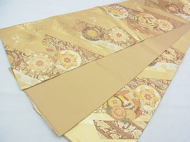 408my87☆袋帯 金糸 唐花 鳥 紗綾型 菱☆美品 平和屋着物◎六通柄袋帯 唐織 紗綾形丸鳥文 金糸 逸品