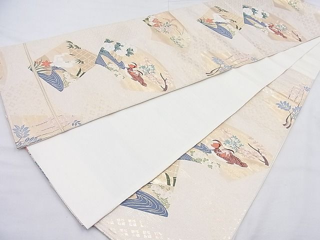 平和屋着物◎六通柄袋帯 唐織 色紙花鳥文 金糸 逸品 BAAJ5483ns