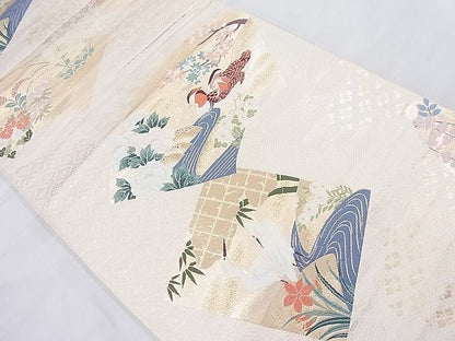 平和屋着物◎六通柄袋帯 唐織 色紙花鳥文 金糸 逸品 BAAJ5483ns
