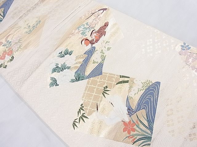 平和屋着物◎六通柄袋帯 唐織 色紙花鳥文 金糸 逸品 BAAJ5483ns