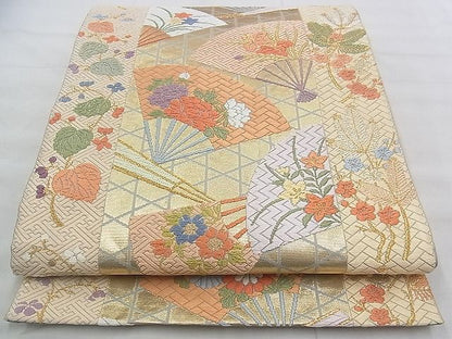 平和屋着物◎六通柄袋帯 唐織 扇面散らし松竹梅 金糸 逸品 BAAJ3212if
