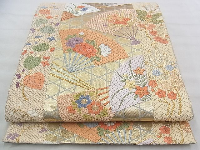 平和屋着物◎六通柄袋帯 唐織 扇面散らし松竹梅 金糸 逸品 BAAJ3212if