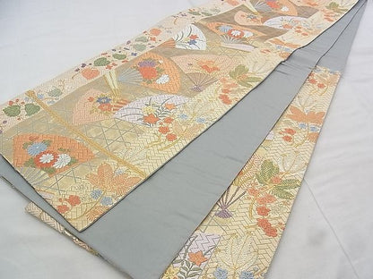 平和屋着物◎六通柄袋帯 唐織 扇面散らし松竹梅 金糸 逸品 BAAJ3212if