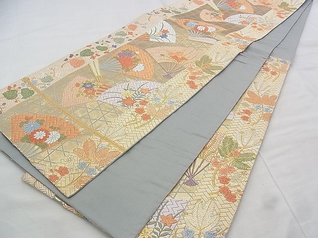 平和屋着物◎六通柄袋帯 唐織 扇面散らし松竹梅 金糸 逸品 BAAJ3212if