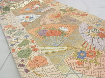 平和屋着物◎六通柄袋帯 唐織 扇面散らし松竹梅 金糸 逸品 BAAJ3212if